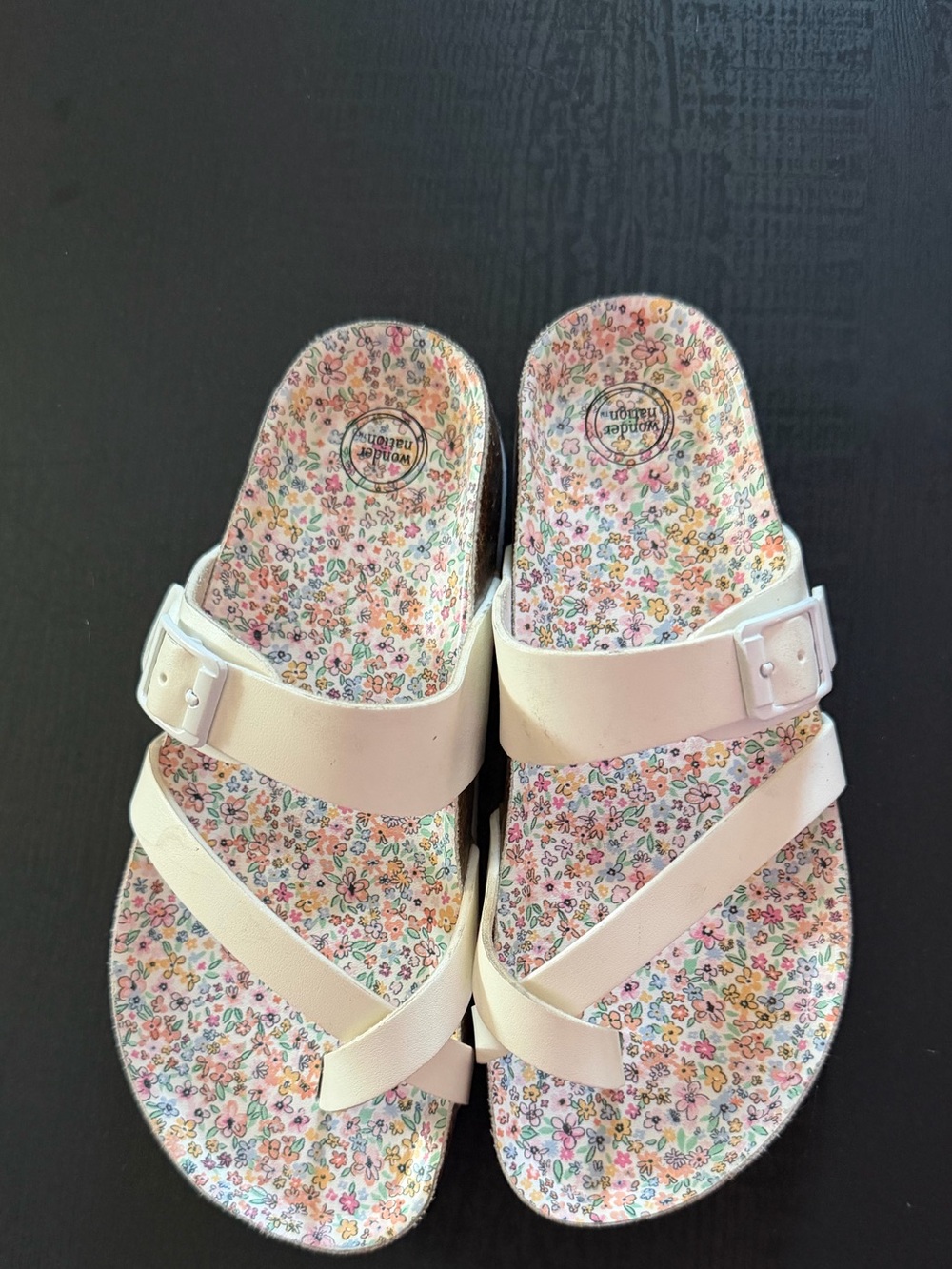 Girls wonder nation White Floral Slide Sandals with Buckle Straps